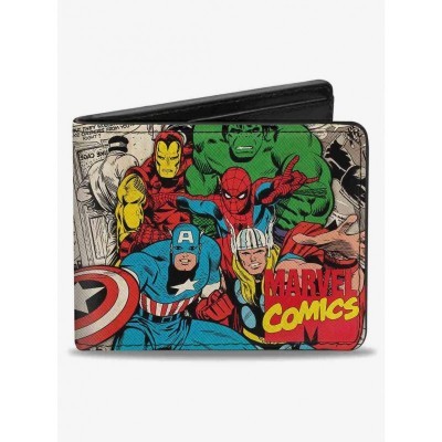 Marvel 5 Avengers Logo Stacked Comic Scenes Bifold Wallet for Men