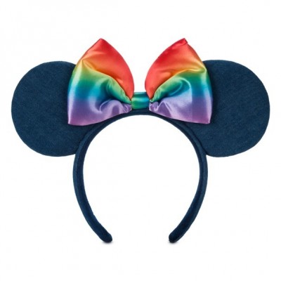 Disney Pride Minnie Mouse Denim Ear Headband for Women with Rainbow Satin Bow