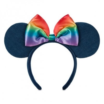 Disney Pride Minnie Mouse Denim Ear Headband for Women with Rainbow Satin Bow