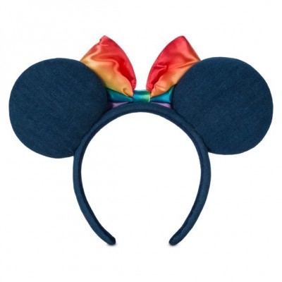 Disney Pride Minnie Mouse Denim Ear Headband for Women with Rainbow Satin Bow
